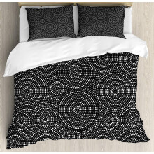 Black & White Duvet Cover Set, Concentric Dotted Circles Inspired by Australian Aboriginal Art, 3-Piece Bedding with 2 Pillowcases