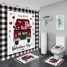Set de 4 perdele de duș de Ziua Îndrăgostiților, design romantic cu trandafiri și pitici, inimă roșie, material textil impermeabil cu