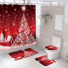Ensemble de salle de bain de Noël Gnobogi 4 pièces avec rideau de douche, tapis, couvre-toilette et tapis de bain - Père Noël, bonhomme de neige,