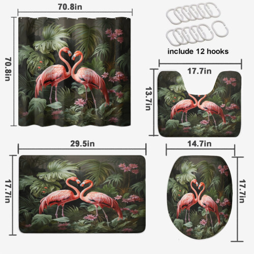 Σετ κουρτινών μπάνιου Pink Flamingo με αντιολισθητικό χαλί, κάλυμμα καπακιού 1