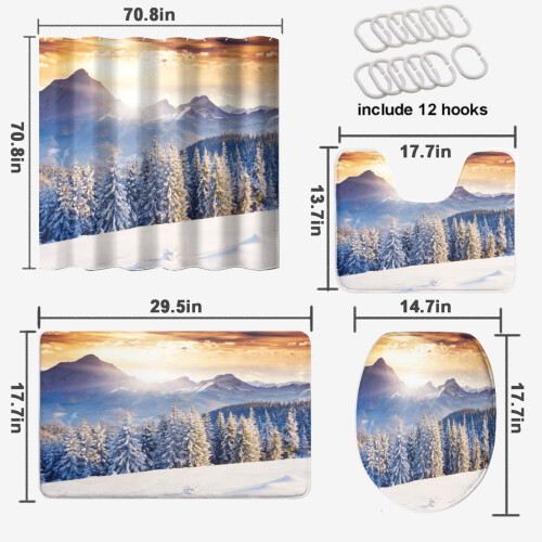 Σετ κουρτινών μπάνιου Winter4PC Δάσος Βουνό Τοπίο Χιόνι Ηλιοβασίλεμα Αδιάβροχες 1