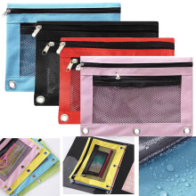 4Pcs Fabric Pencil Pouch with 3 Binder Holes, Black - Smooth Zipper & Clear Window, Big Capacity for 8" Binder, Compatible with 3-Ring Binders