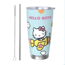 20oz Hello Kitty Isolierbecher mit Klappdeckel und Strohhalmdeckel hält Getränke kalt und warm, Edelstahl-Autobecher, Geschenk für Frauen und