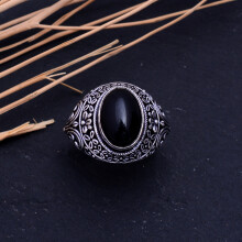 Handgemaakte ring van 925 sterling zilver met natuurlijke zwarte onyx edelsteen, maat 11,75.