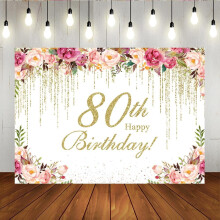 Lyserød blomster80-års fødselsdagsbaggrund 7x5ft, Tillykke med 80-års fødselsdagsbaggrund, 80 & Fantastisk fødselsdagsfestbanner, Fotosession