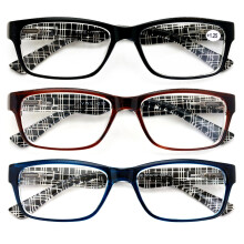 Lot de 3 paires de lunettes de lecture rectangulaires modernes, confortables et légères - Verres clairs, motif à carreaux et rayures, pour hommes