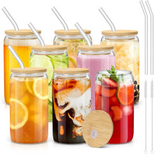 Set di 8 tazze in vetro Sungwoo da 473 ml (16 oz) con coperchi e cannucce in bambù, ideale per caffè freddo, birra, cocktail, tè e latte macchiato.
