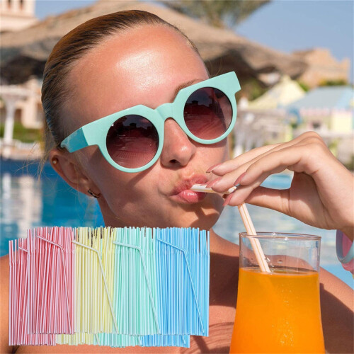 BAILANku300PCS Πολύχρωμα Εύκαμπτα Πλαστικά Καλαμάκια Ποτού, Συμβατά με Κύπελλα, Μακριά