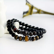 Pulseras de pareja con dije de circonita y cuentas de ágata negra RSAMD de 10 mm con ojo de tigre y 8 mm para hombre y mujer (2 unidades)