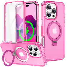 Dteck til kompatibel med iPhone16Pro magnetisk cover med usynlig ringstativ, gennemsigtigt beskyttelsescover med indbygget skærmbeskytter, rosa