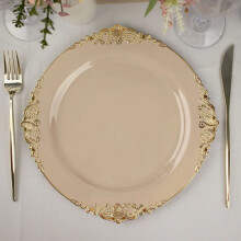 Pratos descartáveis de plástico BalsaCircle10Taupe redondos de 25 cm para salada e jantar, com detalhes em dourado em estilo barroco, ideais para