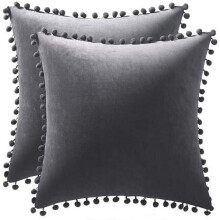 Set van 2 decoratieve sierkussenhoezen van 50 x 50 cm met pompons, zachte vierkante fluwelen kussensloop voor bank, fauteuil of slaapkamer,