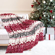 Kerstdeken - Zachte flanellen deken met kerstboom, rendieren en sneeuwvlokken, warme bankdeken voor op de bank of het bed, 150 x 190 cm, rood en grijs