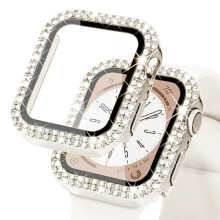 Bling Glass+ tok Apple Watch 44mm/45mm/41mm/40mm/42mm-hez - iWatch Series7 8 9 5 6SE Starlight, gyémánt alakú lökhárító + képernyővédő