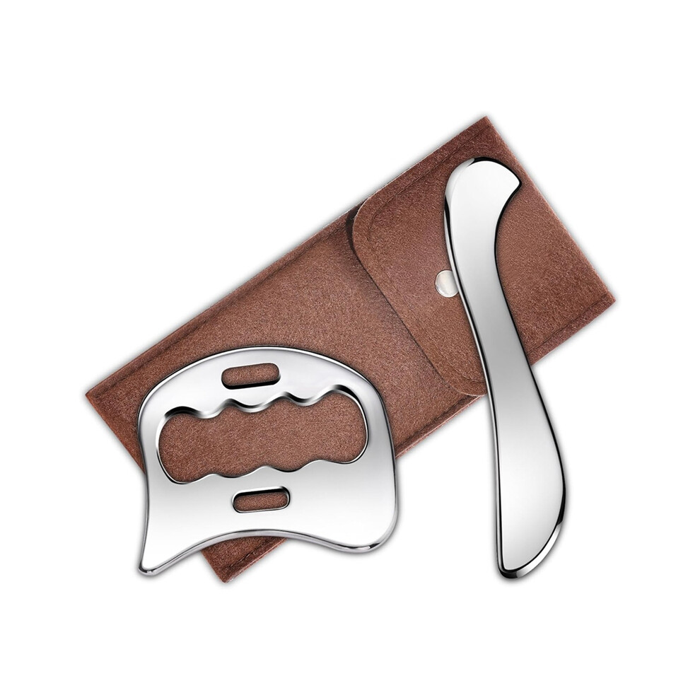 Silver Iastm Tools 2 In 1 Stainless Steel Gua Sha Tool, Myofascial Scraping Tool For Physical Therapy, Soft Tissue Massage Tool
