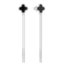 Modieuze oorbellen met klavertje vier van zwarte agaat, gemaakt van S925 sterling zilver, met lange kwastjes. Oorbellen, accessoires, sieraden.
