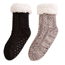 Set van 2 paar heren pantoffelsokken met antislipzool, zacht, pluizig en comfortabel, met fleece gevoerd, kabelgebreid voor de koude winter.