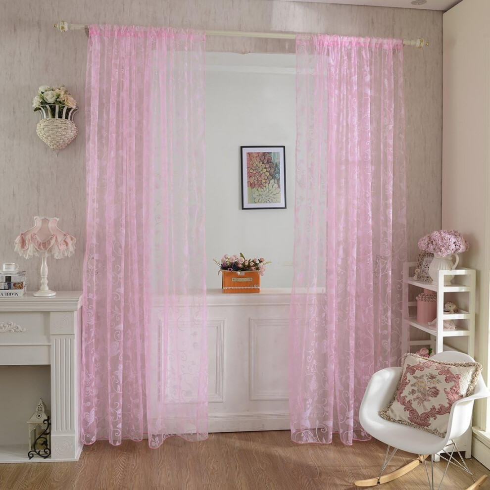 Haoun 2Pcs Butterfly Flocking Voile Tulle Sheer Curtain Window Panel Drape 39.4X78.8 - Pink