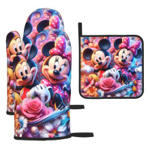 Leuke Mickey Mouse ovenwanten en pannenlappen, 3-delige set. Cartoon ovenwant en pannenlap, geschikt voor barbecues, bakken, koken en de magnetron.