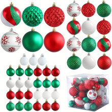 Verpakking van 45 rode, groene en witte kerstboomballen, onbreekbare kerstversiering met ophanglus (3 maten)