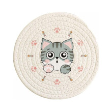 Descanso de copo redondo trançado à mão em algodão, com estampa criativa de gato fofo, ideal para xícaras, tigelas e colheres na cozinha.