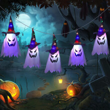Halloween dekorációk kültéri, függő világító szellem boszorkánysapka fényfüzérrel, ijesztő halloweeni fa dekorációk díszek