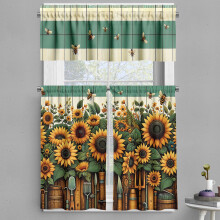 Ambesonne Cottagecore Valance & Gordijnset 3-delig, Landelijke Zonnebloemen en Bijen, 55"x24", Cadetblauw Abrikoosbruin