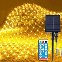 192 LED-zonnelampennet, 3 x 2 meter met afstandsbediening, groot paneel, waterdicht, warm wit, kerstdecoratie voor buiten, voor tuin, boom en