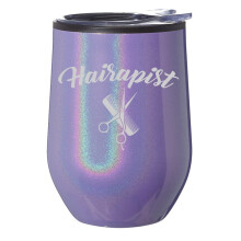 Stielloser Weinbecher, Kaffeebecher, Reiseglas mit Deckel, Geschenk für Friseure, lustiges Geschenk (lila Glitzer)