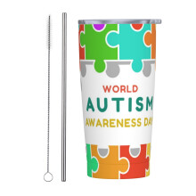 Autizmus Tudatosság Hónapja 20oz-os szigetelt rozsdamentes acél kávésbögre szívószállal, hordozható termoszpohár fehér