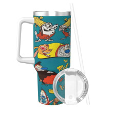 Ren & Stimpy Show-Thermosbecher aus Edelstahl mit Griff, 1,2 Liter Fassungsvermögen, für heiße und kalte Getränke.