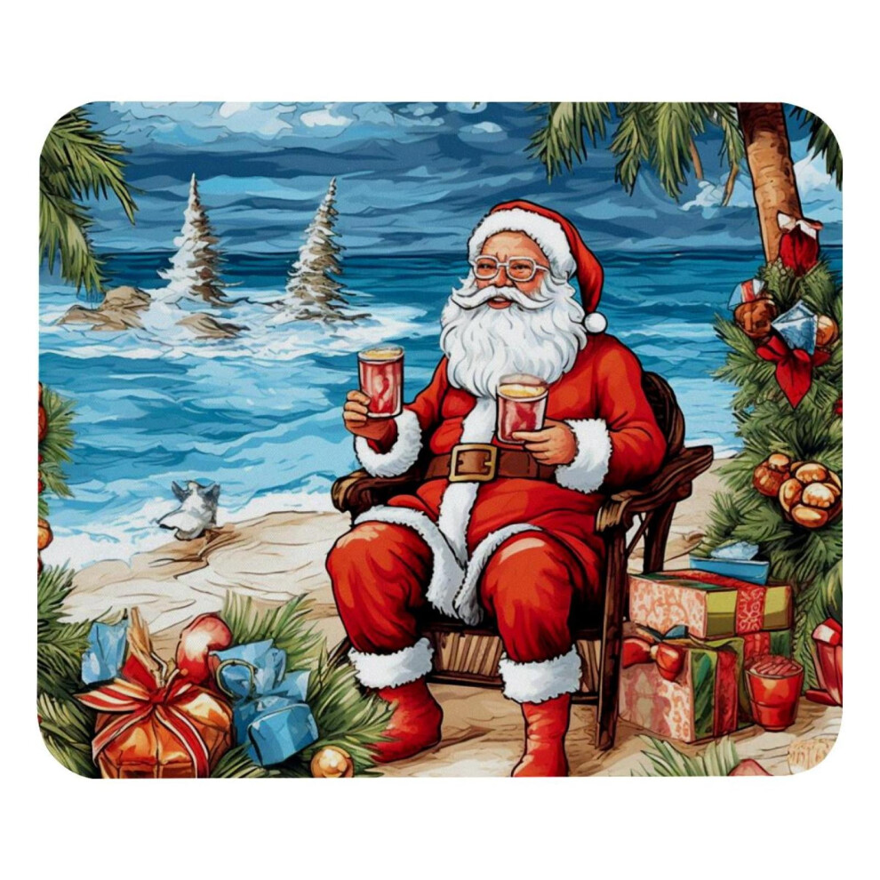 Square Mouse Pad 8.3X9.8", Santa Claus Beach Print, Non-Slip Rubber Base, Stitched Edge, For Laptop Gaming, Home Office Decor 9395123577869