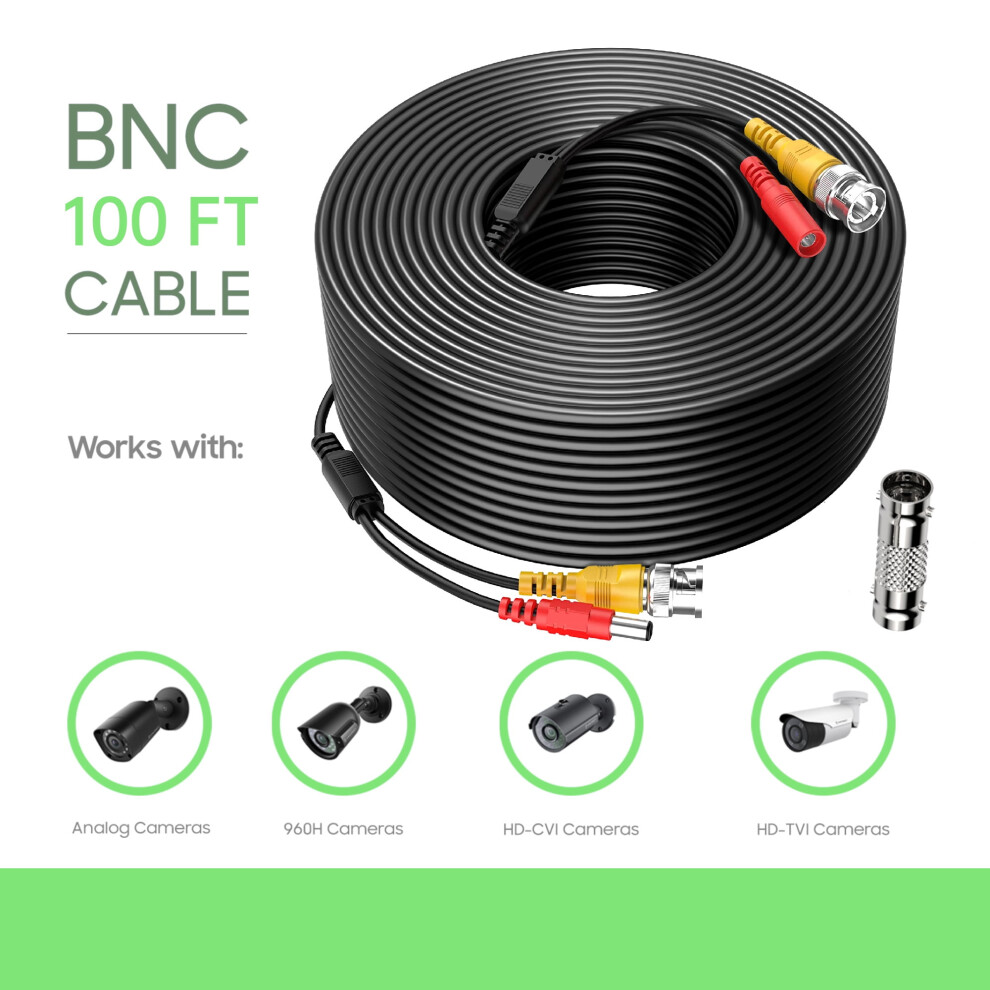 Cjp-Geek 100Ft 2-In-1 Bnc Video Power Cable, Weatherproof Pvc Wire, Compatible With Security Camera, Cctv, Dvr, Surveillance System 9071309625387