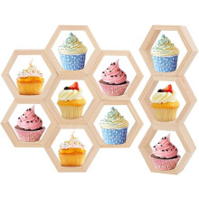 10pcs Mini Honeycomb Cupcake Stand, Hexagon Cake Display Holder, Wooden Dessert Table Sign Stand with Tapes for Baby Shower Birthday Party 4.1x3.5