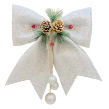 Enfeite grande de laço de Natal prateado, compatível com decoração de laço de pinha, pingente de guirlanda de Natal brilhante feito à mão,