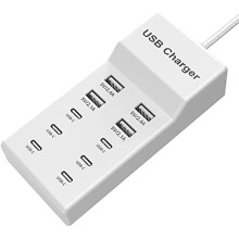 Cargador USB C, estación de carga USB de 10 puertos con 6 puertos USB-C, cargador de escritorio de 50 W compatible con iPhone 14/13/12/11, Samsung