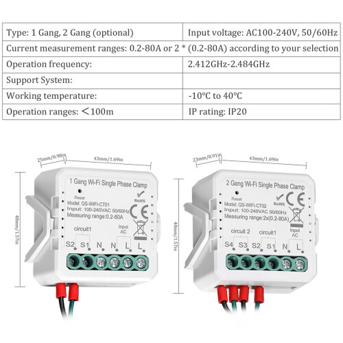 Tuya WiFi80A Μονοφασική σφιγκτήρας Ηλιακού Φ/Β Αμφίδρομου Μετρητή Ενέργειας APP, 2Gang 2