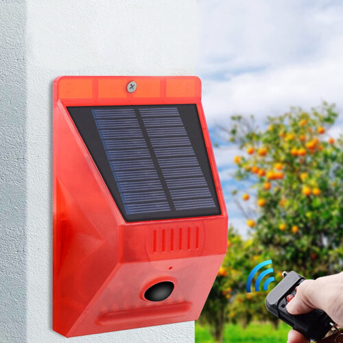 Solar Alarm Light with Motion Sensor, 4 Modes, Remote Control, Waterproof, Compatible with Yard Farm Cottage 1