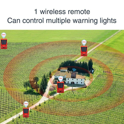 Solar Alarm Light with Motion Sensor, 4 Modes, Remote Control, Waterproof, Compatible with Yard Farm Cottage 2