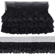 2 meter geplooide chiffon kanten bies, zwarte ruches kanten bies, 3-laags geplooide kanten randafwerking
