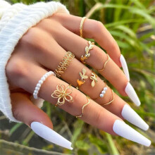 RSAMD Boho Gouden Ringen Set Kristallen Parel Vlinderringen Dames Sieraden Set Cadeau - 10-delige Gouden Ringenset