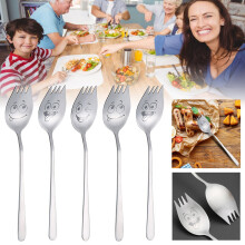 Löffelset, 6-teilig, silberfarbener Edelstahl, mit lustigem Gesichtsausdruck graviert, geeignet für 19,6 cm langes Besteck, wiederverwendbar, lange