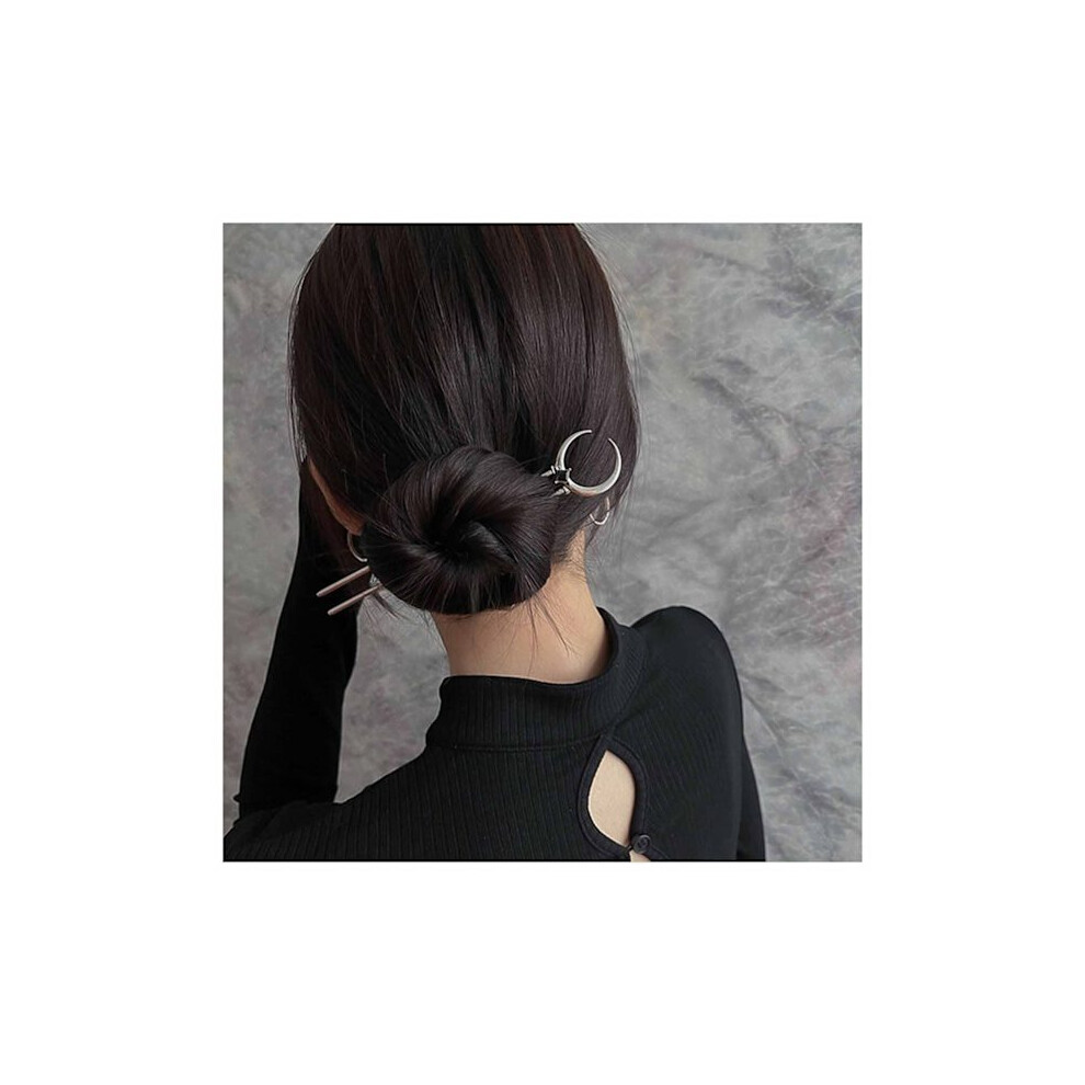 Vintage U-Shaped Hairpins Moon Hair Fork Metal Long Hairpin Minimalist Hair Bun Holder Stick French Silver 9395123933757