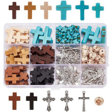 170 Pcs Cross Jewelry Making Kit with Mixed Wood & Alloy Pendants, Synthetic Turquoise & Beads for Necklaces, Earrings, Bracelets