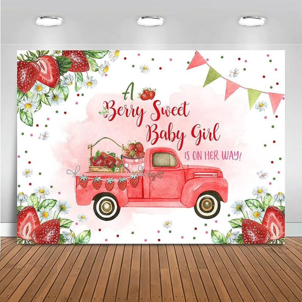 Strawberry Baby Shower Backdrop For Girl - A Berry Sweet Arrival, Strawberry Trucks Party Decor, Photography Banner (7X5ft) Red 9395123056821