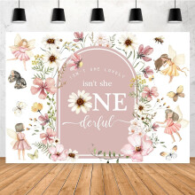 Fond floral féerique de 2,1 x 1,5 m pour séance photo d'anniversaire (1 an), bannière « Conte de fées et thé », accessoires pour photomaton