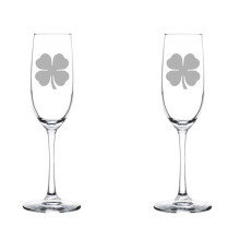 Set of 2 Glass Champagne Flutes Sparkling Wine Glasses 4 Leaf Clover Shamrock (8 oz Stemmed)
