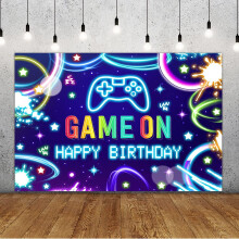 Game On Neon fødselsdagsbaggrund - Level Up Kids Gamer Party Banner, kompatibel med sort og blå kagebordsdekoration