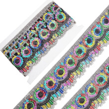 4,9 meter paillettenborduursel, bloemenkant, 6 cm breed, etnische Venetiaanse polyester glitterkant met kleurrijke paillettenrand.