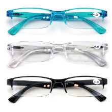 3 pares de óculos de leitura retangulares leves unissex com dobradiça de mola - lentes transparentes, azuis e pretas - Dobradiça de mola 1,00